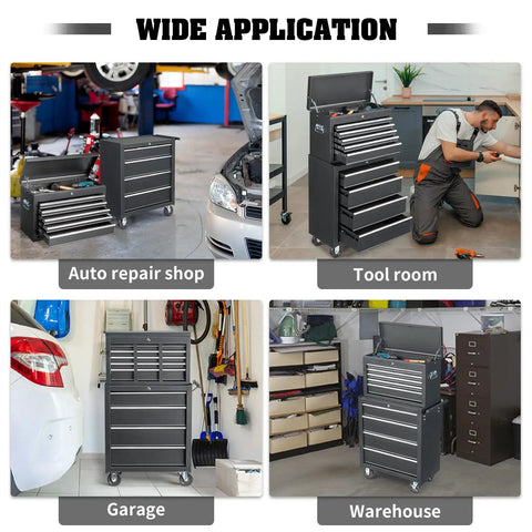 9 Drawer Rolling Tool Chest With Wheels And Lock Top Box With 5 Drawers And Bottom Cabinet With 4 Drawers Removable Design For Easy Split Use Heavy Duty Steel Storage For Workshop Garage Or Shop in garage