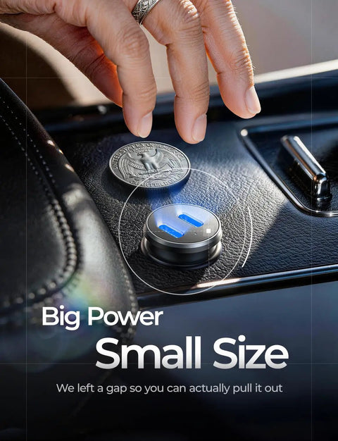 Close-up of Dual USB C Car Charger 90W Fast Charge With 45W Per Port Across Two USB C Ports PD 3.0 QC 3.0 in car socket