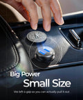 90W Dual PD3.0 Car Charger With USB-C And Lightning Cable Included, compact size with two ports shown next to a coin for scale.
