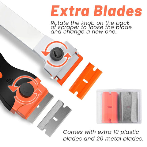 2 Pack Razor Scraper Kit With Long Handle And Mini Dual End Scraper This Handy Tool Makes Quick Work Of Removing Labels Stickers Window Tint And Grease From Windshields Glass And Appliances Includes 20 Metal And 10 Plastic Replacement Blades