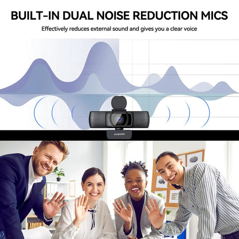 Straight Up Crisp 1080P Full HD Webcam With Dual Echo Busting Mics And 90 Degree Wide Angle View Plug And Play USB Camera showing users during a video call.