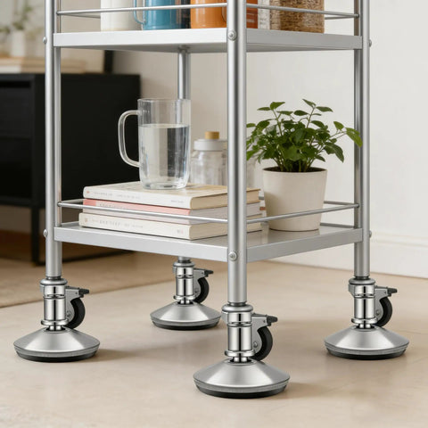 Ditch Those Dang Office Chair Casters With This 5 Pack Of Low Profile Bell Glides on a metal cart, showing sleek smooth bases.