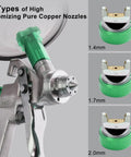 Paint Sprayer Kit With Quick Mixing Cup, HVLP Spray Gun, 1.4 1.7 and 2.0mm Nozzles, close-up of green spray gun with copper nozzles
