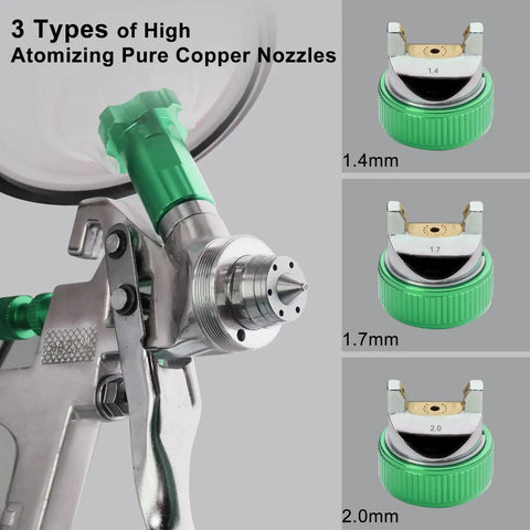 Paint Sprayer Kit With Quick Mixing Cup, HVLP Spray Gun, 1.4 1.7 and 2.0mm Nozzles, close-up of green spray gun with copper nozzles