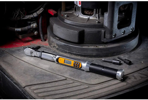 One Quarter Inch Drive 120XP Flex Head Electronic Torque Wrench with Angle Readout on machinery
