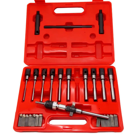 Pro Grade 29 Piece Universal Valve Seat Cutter Kit With Carbide Tipped Blades And Arbors For 22 To 63mm Valves 15 To 90 Degree Single Plane Boring Reamer For Garage Ready Automotive Engine Repairs Cars Trucks And Motorcycles in red carry case.