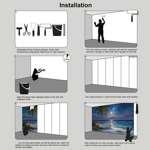 Installation guide for Beach Night Sky Oil Painting Photo Wallpaper With Ocean Rowing Theme Large Wall Mural, step-by-step instructions