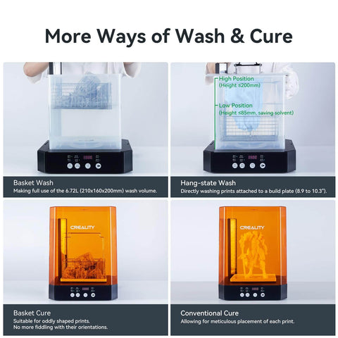 Image showing 2 In 1 Resin 3D Printer Wash And Cure Station UW03 with basket and hang-state wash options and orange curing chamber.