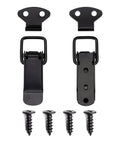 Two black toggle latches with screws, part of a 12 Pack Black Toggle Latches Stainless Steel Spring Lock Clasp Buckle Latch For Wooden Cases Toolboxes Cabinets Chests Hasps Clamps 75mm Overall Length With Mounting Screws