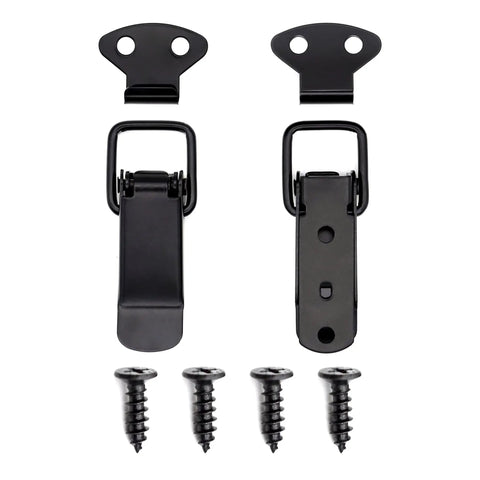 Two black toggle latches with screws, part of a 12 Pack Black Toggle Latches Stainless Steel Spring Lock Clasp Buckle Latch For Wooden Cases Toolboxes Cabinets Chests Hasps Clamps 75mm Overall Length With Mounting Screws