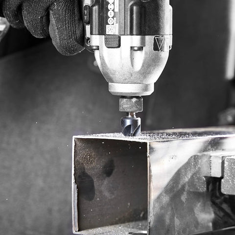 Front view of drill with cobalt countersink bit installed; toolant Noir-Ti 5-piece set, TiAlN coated, hex shank