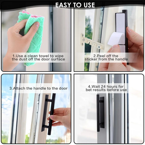 Installation guide for Self Adhesive Cabinet Handles Eight Pack ABS Plastic Drawer Pulls showing easy peel and stick process on glass door.