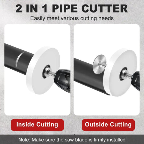 PVC Pipe Cutter Kit With Seven Inch Depth Guide And Adjustable Cutting Tool For Flush Inside Cuts, shown inside and outside cutting