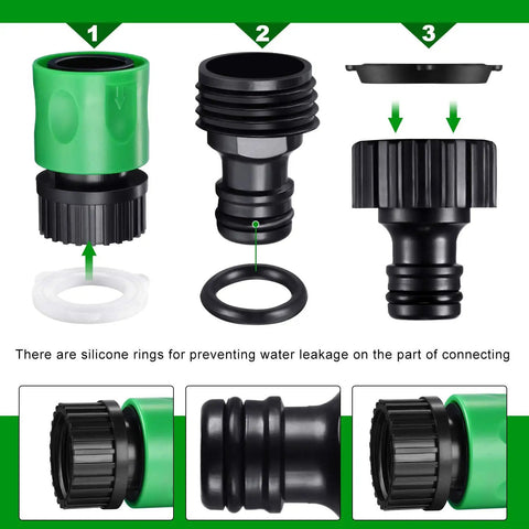 Sixteen Piece Garden Hose Quick Connectors Kit With Three Quarter Inch Plastic Water Hose Fittings, visible connectors and gaskets