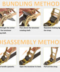 Instructional guide on using Heavy Duty 4 Pack 2 Inch Ratchet Straps With Durable Flat Hooks for cargo securement.