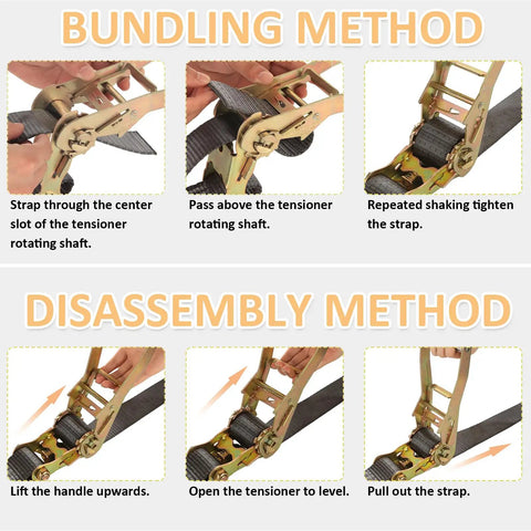 Instructional guide on using Heavy Duty 4 Pack 2 Inch Ratchet Straps With Durable Flat Hooks for cargo securement.