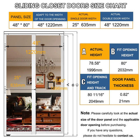 Mirror Sliding Closet Door 48 Inch Wide Double 25 Inch Panels 80 Inch Tall With Hardware Track Kit And Floor Guide Two Panel MDF White Finished Look Ideal For Bedroom Wardrobes with size chart and measurements shown.