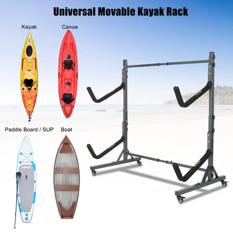 Heavy Duty Kayak Stand And Dual Storage Rack With Rolling Lockable Wheels Hella Durable Steel Adjustable Boat Holders For Garages Sheds And Sup Paddleboards