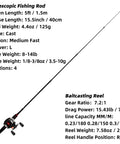 5 Foot Baitcasting Rod And Reel Combo With Durable Fiberglass Telescopic Rod Right Hand Reel All In One Fishing Kit details.