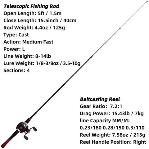 5 Foot Baitcasting Rod And Reel Combo With Durable Fiberglass Telescopic Rod Right Hand Reel All In One Fishing Kit details.