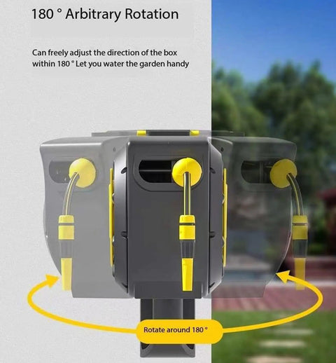 Hassle Free Wall Mounted Hose Reel With No Sweat Auto Rewind And Slick 180 Degree Swivel Bracket For Tangle Free Patio Garden Watering Holding Up To 32 Meters Of Heavy Duty Hose showcasing 180-degree rotation feature.