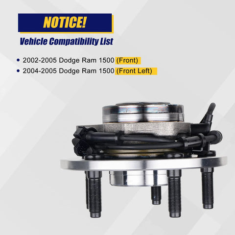 Drop In Front Wheel Hub And Bearing Assembly 515073 For Dodge Ram 1500 2002 2003 2004 2005 5 Lug ABS Front Left Or Right Replacement Easy Install Durable Wheel Hub Bearing Kit