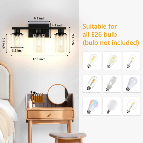 Dope Black Bathroom Vanity Light Fixtures Over Mirror 3-Light Wall Sconce With Clear Glass Shades, above dressing table