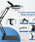 Diagram of 15X Magnifying Glass Lamp With Real Glass Lens And Stand showing dimensions and adjustable angles for DIY use