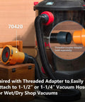10 Ft Vacuum Hose Dust Collection Kit With Four Quick Change Fittings connected to vacuum with threaded coupler adapter