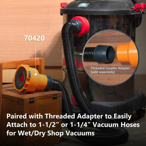 10 Ft Vacuum Hose Dust Collection Kit With Four Quick Change Fittings connected to vacuum with threaded coupler adapter