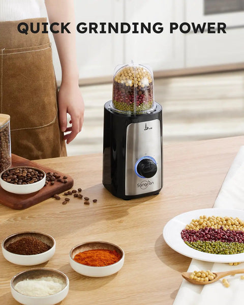 5 In 1 Kitchen Blender And Food Processor Set for smoothies sauces salsa with BPA free design shown grinding beans.
