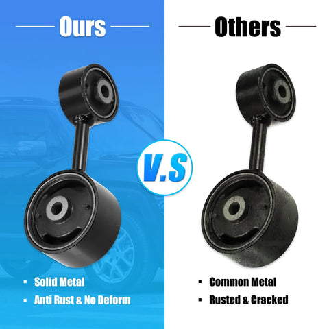 Comparison of two Torque Strut Front Engine Mounts for Toyota Camry 2.2L 1997-2001 and Solara 2.2L 1999-2001; solid vs rusted.