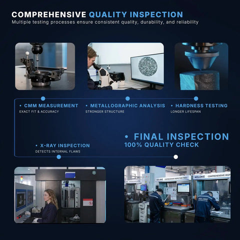 Quality inspection process including CMM measurement, metallographic analysis, and hardness testing in a manufacturing facility.