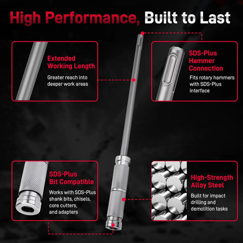 Built Tough Workhorse Sds Plus To Sds Plus Extension Shaft With 10 Inch Rotary Hammer Adapter showing details on steel material and compatibility.