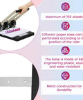 Heavy Duty Three Hole Punch With Labor Saving Handle Punches Up To 150 Sheets In A Single Pass for ergonomic use.