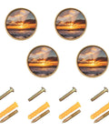 Sunset Ocean Gold Cabinet Knobs 2 In 1 Acrylic Drawer Pulls Featuring Game Changing Wall Hardware Heavy Duty Build For Kitchen Cupboards And Dressers Comes As A Straight Up 4 Pack With Screws Included, showing four knobs and screws.