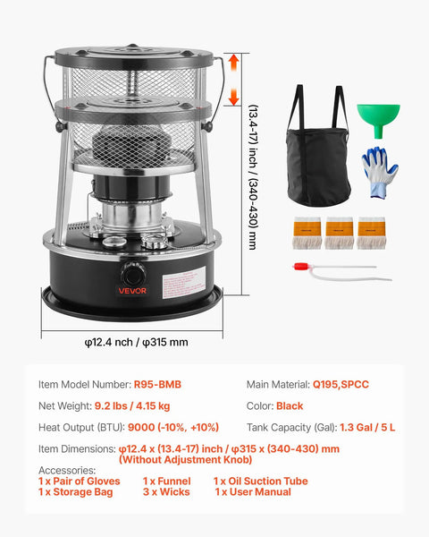 9000 BTU Kerosene Heater And Stove 2 In 1 Non Electric Indoor Outdoor Heater with Adjustable Height and Flame Control, Black