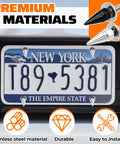 Hella Tough Aluminum Alloy Spiked License Plate Screws Kit Includes Nuts And Washers in sleek silver on New York license plate.