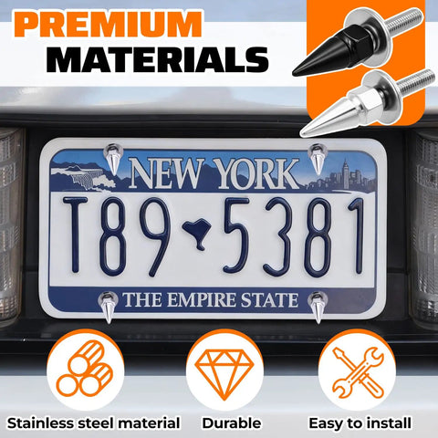 Hella Tough Aluminum Alloy Spiked License Plate Screws Kit Includes Nuts And Washers in sleek silver on New York license plate.