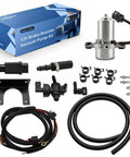 12V brake booster vacuum pump kit with installation accessories; front view showing silver pump, hoses, clamps, and mounting hardware.