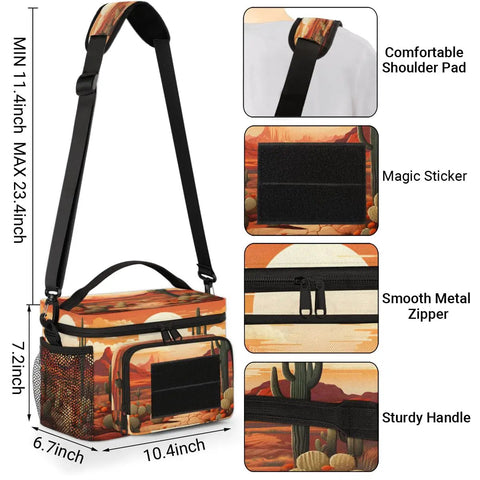 Cactus Desert Tactical Lunch Bag with adjustable strap, padded shoulder, smooth zipper, and mesh pocket for men and women.