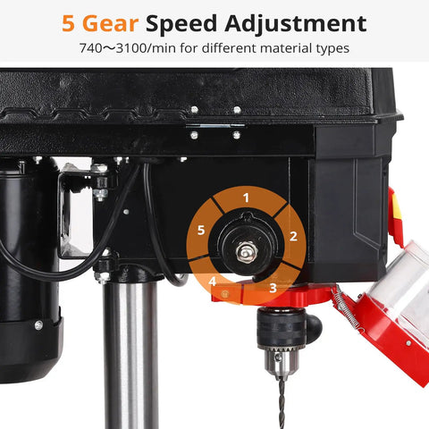 Close-up of 8 Inch Benchtop Drill Press With 2.5A Motor, Five Speed Tabletop Drilling Machine control dial showing speed settings.