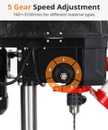 Garvee 8 Inch Benchtop Drill Press With 2.5 Amp Induction Motor showing 5 gear speed adjustment dial for precision work.