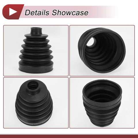 BMW CV Joint Boot Kit Outer With Clamps 1 Set Black Rubber Replacement Fits 328i 2007 To 2016 320i 2013 To 2018 328i XDrive 2009 To 2016 328xi 2007 To 2008 330i 2006 To 2018 black rubber boot shown from four angles