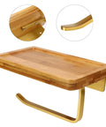 Straight Up Solid Wooden Bathroom Cell Phone Holder With Wall Mount Toilet Paper Stand And Premium Tissue Roll Dispenser side view of wooden shelf with gold hook