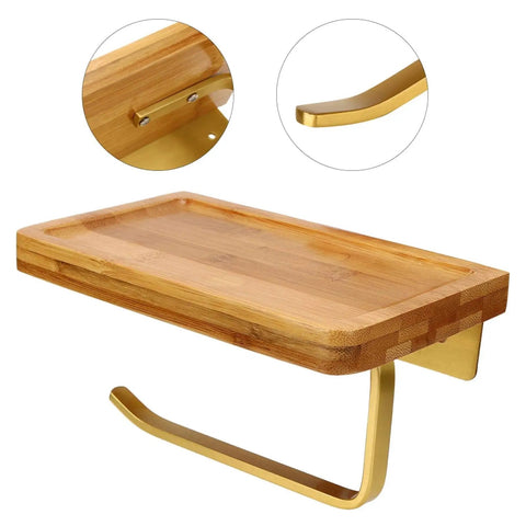 Straight Up Solid Wooden Bathroom Cell Phone Holder With Wall Mount Toilet Paper Stand And Premium Tissue Roll Dispenser side view of wooden shelf with gold hook