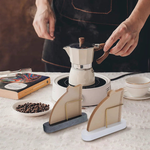 Marble And Brass Cone Coffee Filter Holder Stand For V60 Filters Size 01 02 04 Thick Anti Slip Base Easy Access Organizer For Your Home Barista Setup Black on table with coffee setup