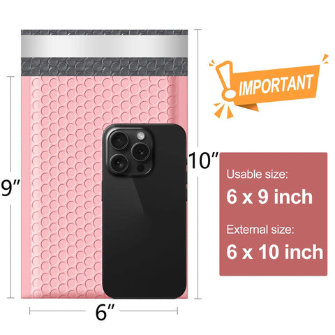 6X10 Inch Light Pink Bubble Mailers 25 Pack Self Seal Padded Poly Mail Bags For Small Business with phone for scale
