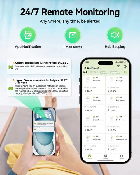 LS1 Long Range Thermometer Freezer Alarm IP66 Waterproof With App Email Alerts And Two Years Data Logging For Fridge RV Greenhouse And Animals Remote Temperature Sensor Works With H5Pro Or H6Pro Hub app alert screen on smartphone