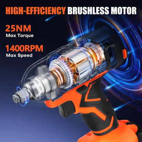Illustration of 20V Cordless Drill Driver Set With Battery And Fast Charger LED Light 25 Plus One Torque Settings 43 Piece Drill Bit showcasing high-efficiency brushless motor.